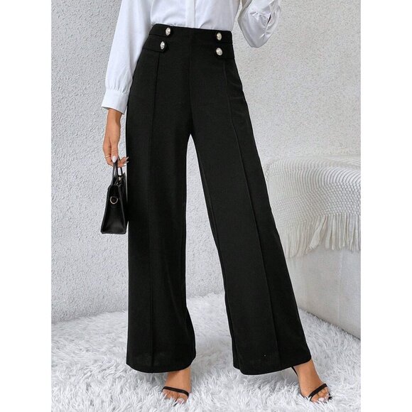 Black Wide-Leg High-Waisted Trousers with Gold Buttons Elegant Workwear - Picture 1 of 3
